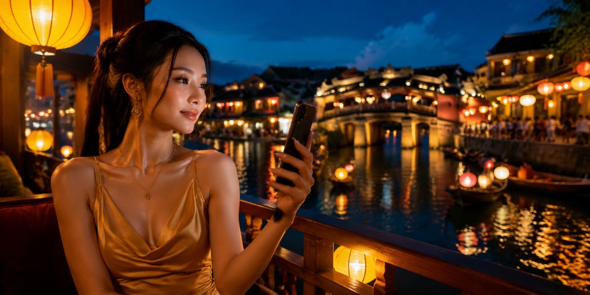 Người dùng tại chợ đêm Hội An mở app casino và kiểm tra tiền thưởng trên điện thoại