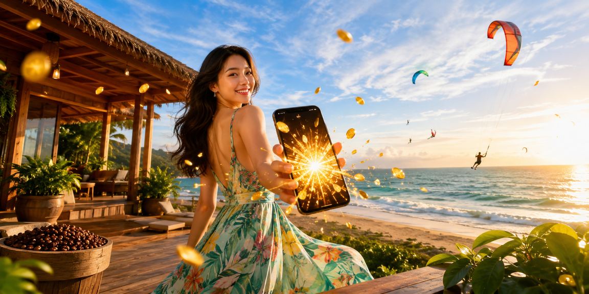 Người chơi cầm cà phê dùng điện thoại chơi casino mobile tại bãi biển Mũi Né